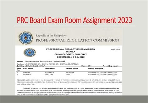 PRC Board Exam Room Assignment 2023 Schedule Jan/Feb Date Wise .